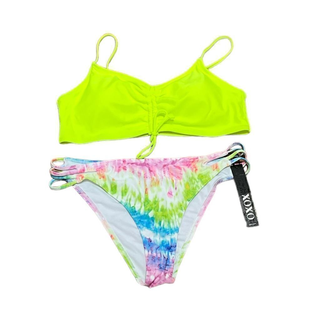 XOXO Neon Yellow Top with Multicolor Tie-Dye Bikini Bottom